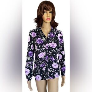 Elegant Black and Purple Long Sleeve Ruched Blouse From Nordstrom Rack